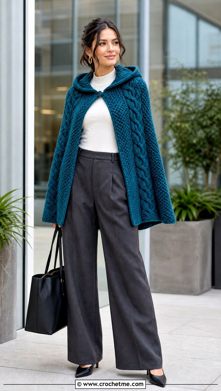 Cabled Crochet Hooded Cape With Wide Leg Trousers - 35 crochet hooded cape outfit ideas