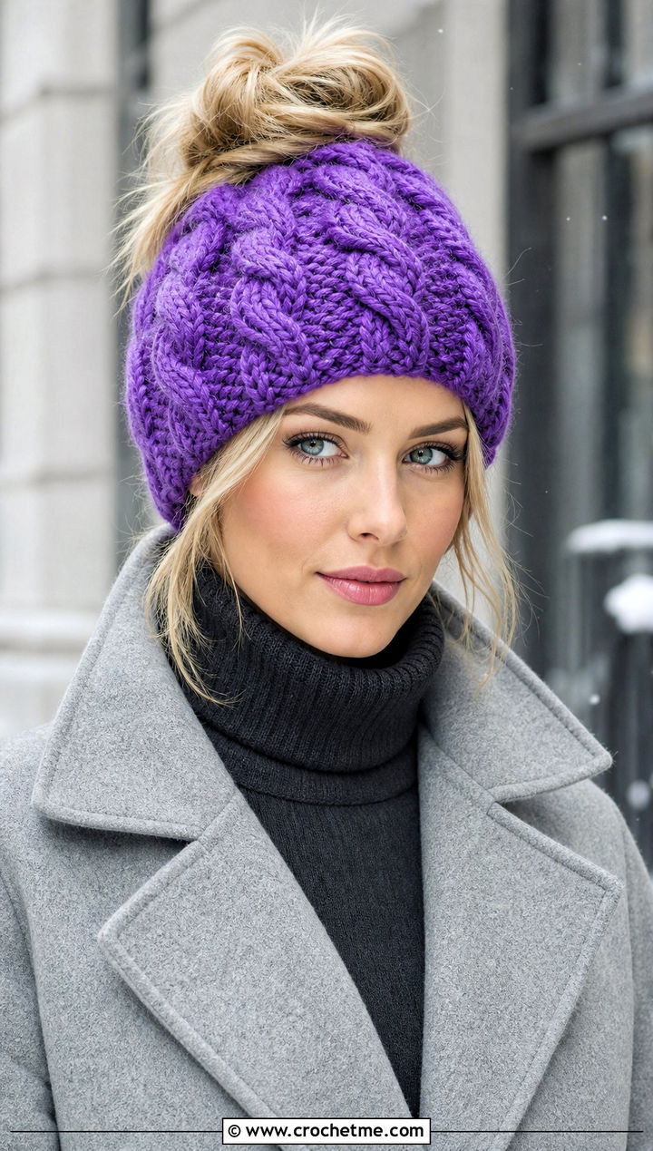 Cabled Crochet Messy Bun Hat With Wool Coat - 15 Easy Crochet Messy Bun Hat outfit ideas