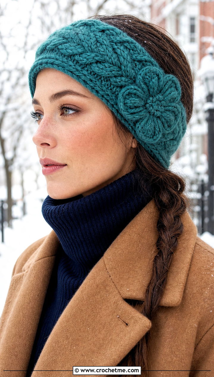 Cabled Flower Ear Warmer With Wool Coat And Boots - 30 crochet headband with flower outfit ideas