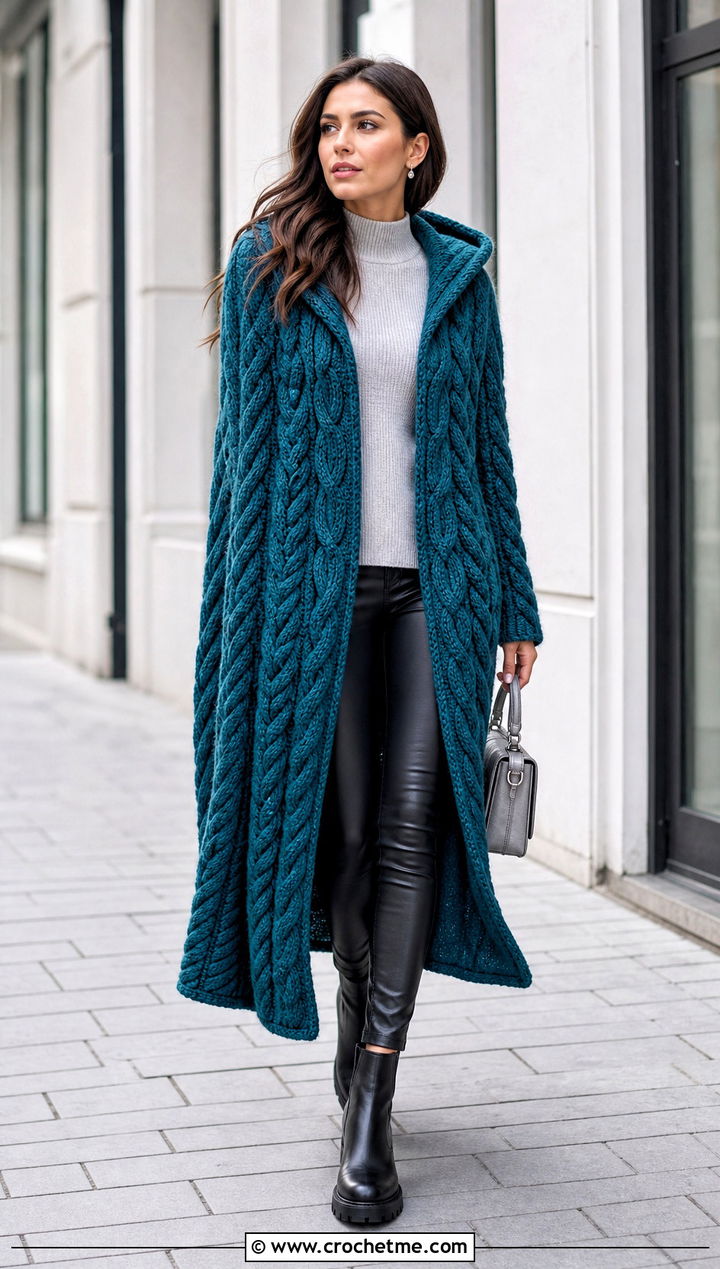 Cabled Long Hooded Crochet Cape With Leather Leggings - 25 Long Hooded Crochet Cape outfit ideas