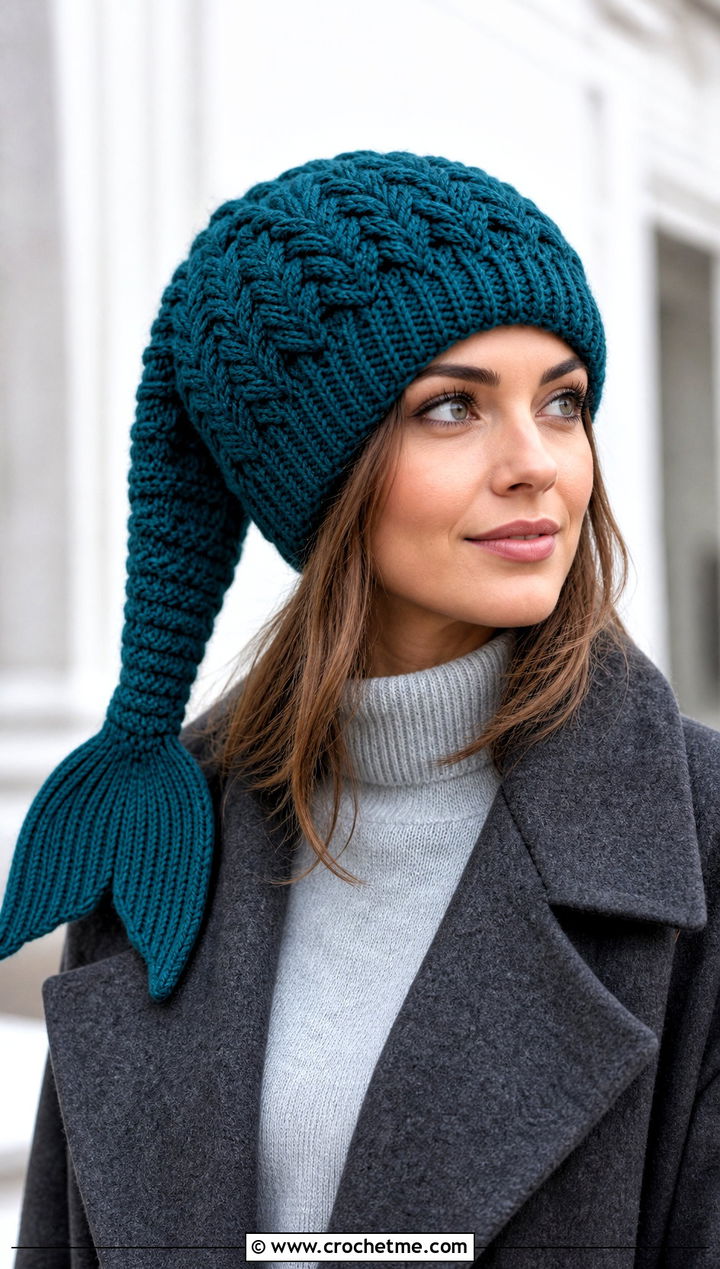 Cabled Mermaid Tail Crochet Hat With Wool Coat - 15 Mermaid Tail Crochet Hat outfit ideas
