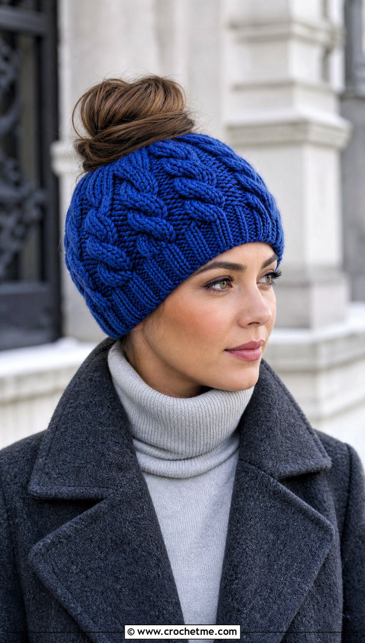 Cabled Messy Bun Hat With Wool Coat - 15 bun crochet hat outfit ideas
