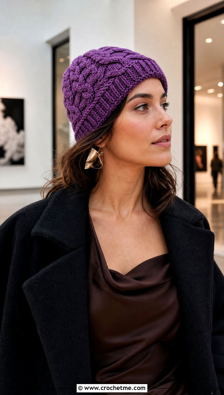 Cables And Braids Crochet Beanie With Satin Midi Dress - 15 cabled crochet beanie design outfit ideas