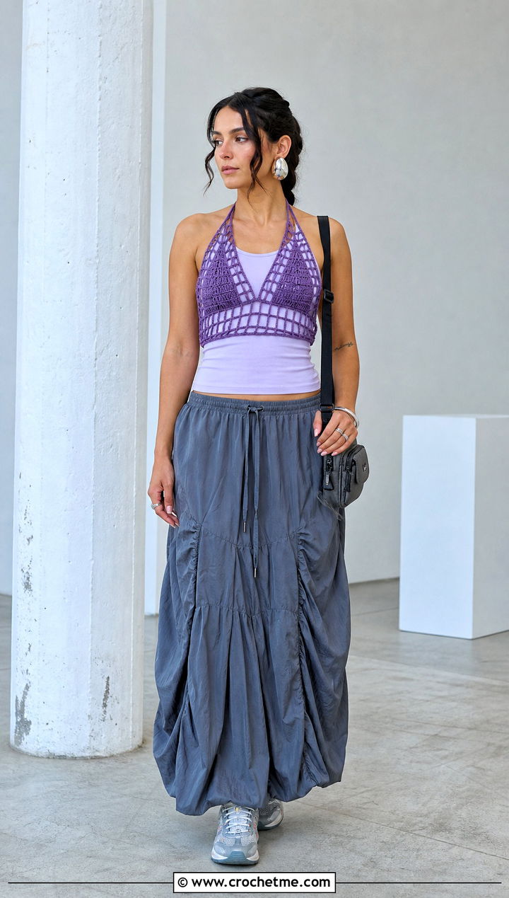 Caged Crochet Halter Bralette With A Parachute Skirt - 15 Crochet Halter Bralette outfit ideas
