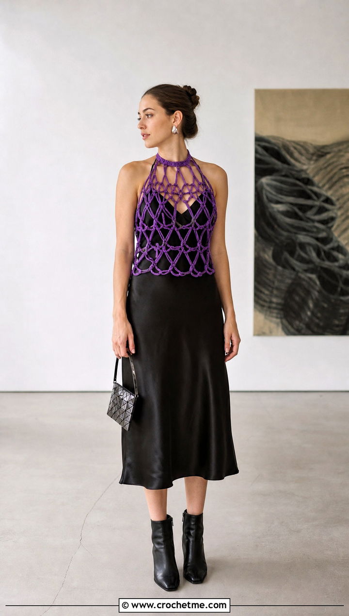 Caged Crochet Halter Top With Slip Dress - 35 easy crochet halter top outfit ideas