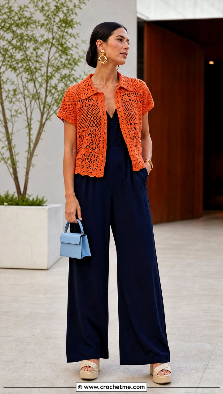 Calad Shirt Over A Wide Leg Jumpsuit - 30 crochet calad shirt outfit ideas