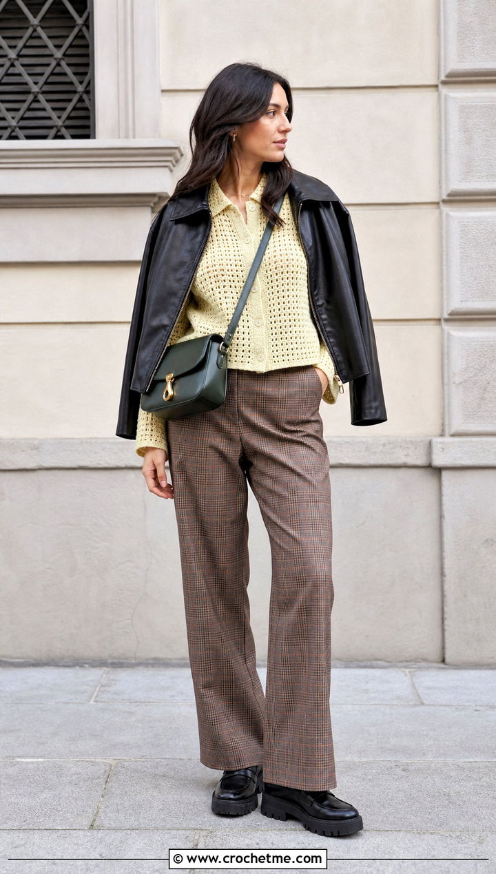 Calad Shirt With A Leather Jacket And Plaid Trousers - 30 crochet calad shirt outfit ideas