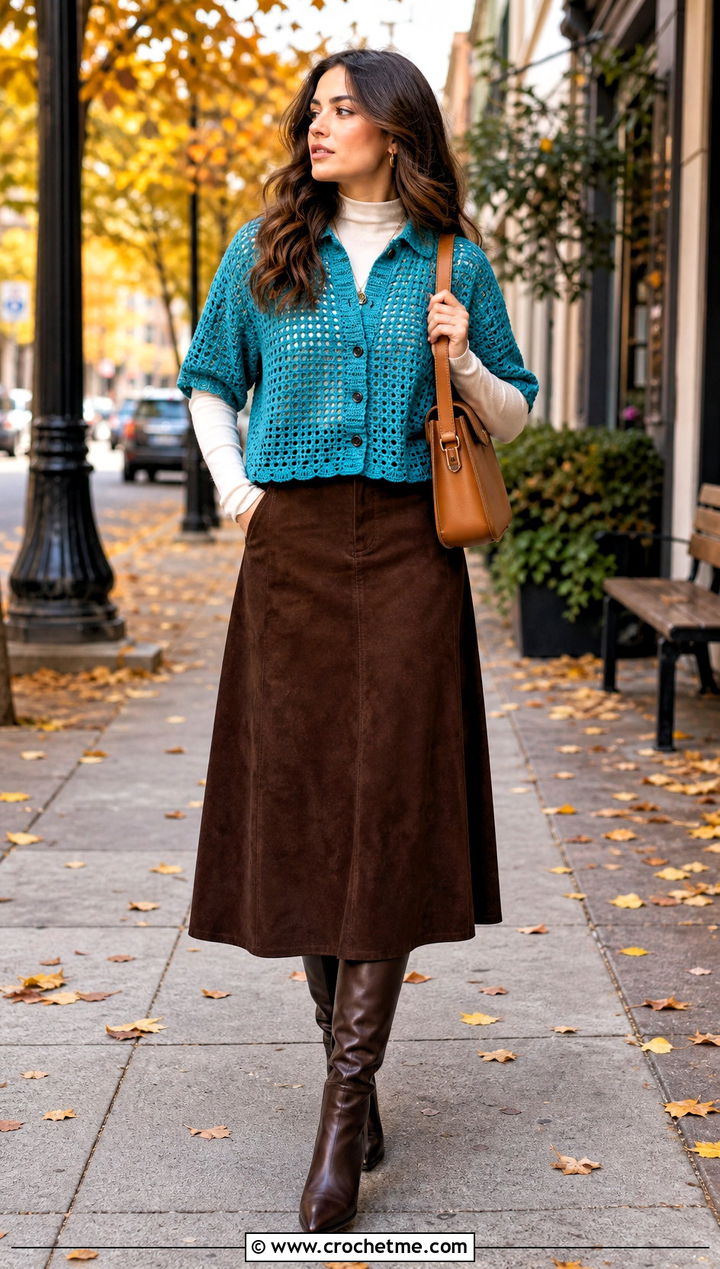 Calad Shirt With A Suede Midi Skirt - 30 crochet calad shirt outfit ideas