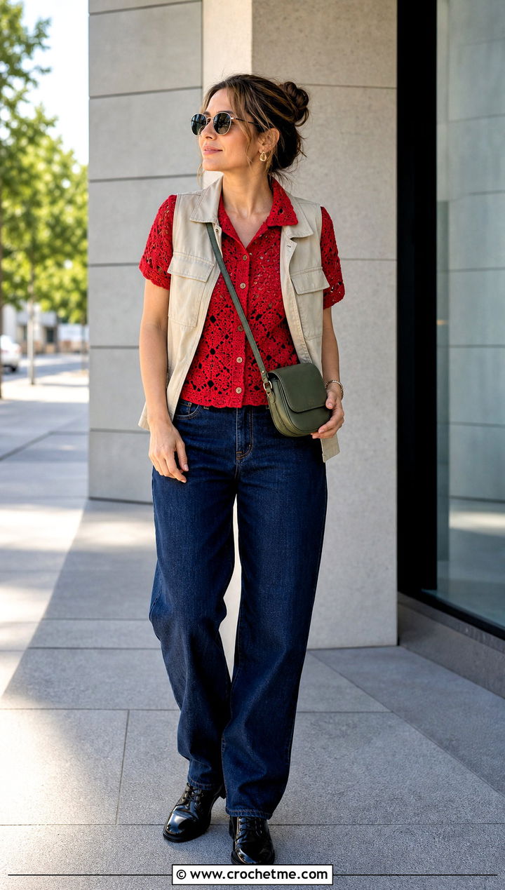 Calad Shirt With A Utility Vest And Jeans - 30 crochet calad shirt outfit ideas