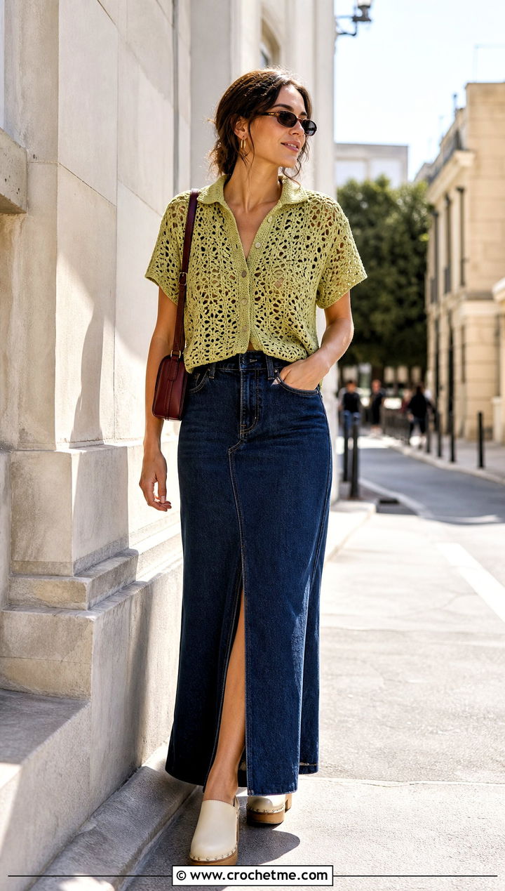 Calad Shirt With Denim Maxi Skirt - 30 crochet calad shirt outfit ideas