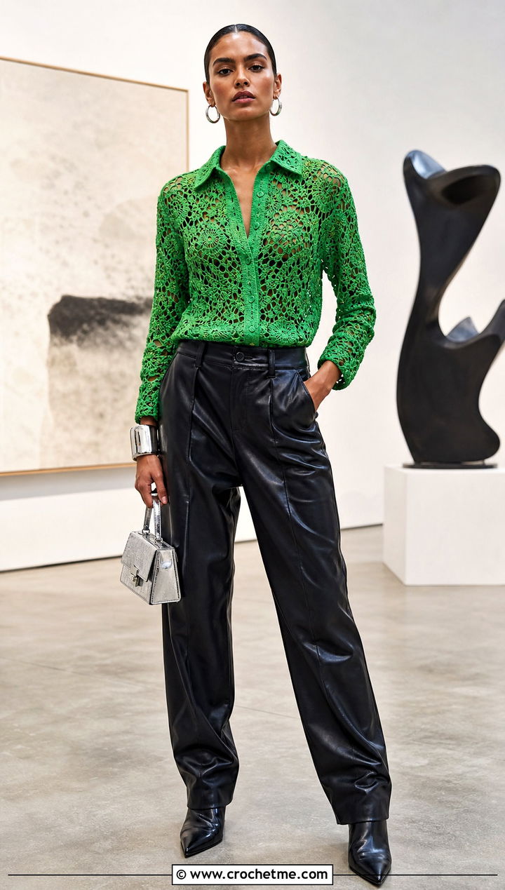 Calad Shirt With Leather Pants - 30 crochet calad shirt outfit ideas
