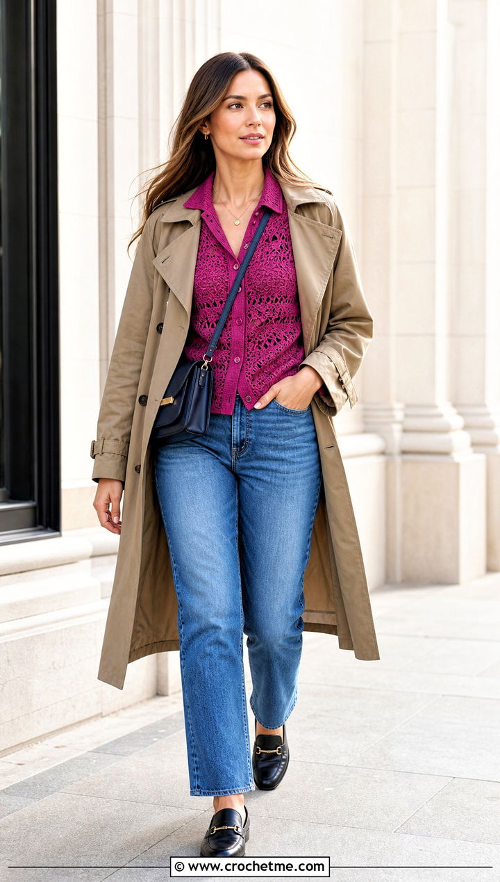 Calad Shirt With Straight Jeans And A Trench Coat - 30 crochet calad shirt outfit ideas