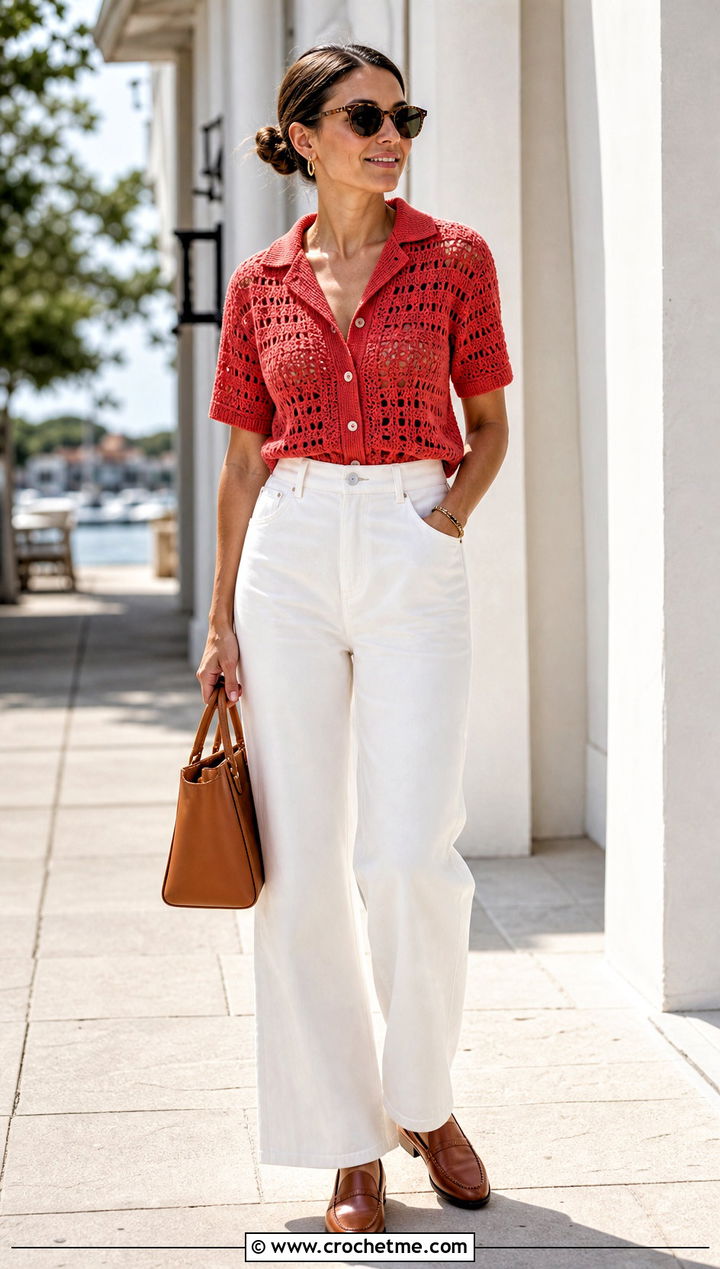 Calad Shirt With White Wide Leg Jeans - 30 crochet calad shirt outfit ideas