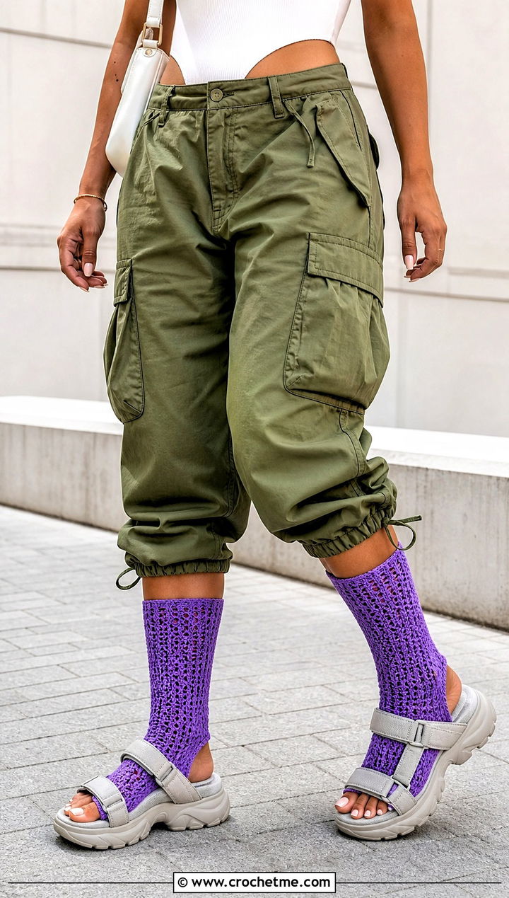 Calf High Toeless Crochet Socks With Cargo Pants - 20 Toeless Crochet Socks outfit ideas