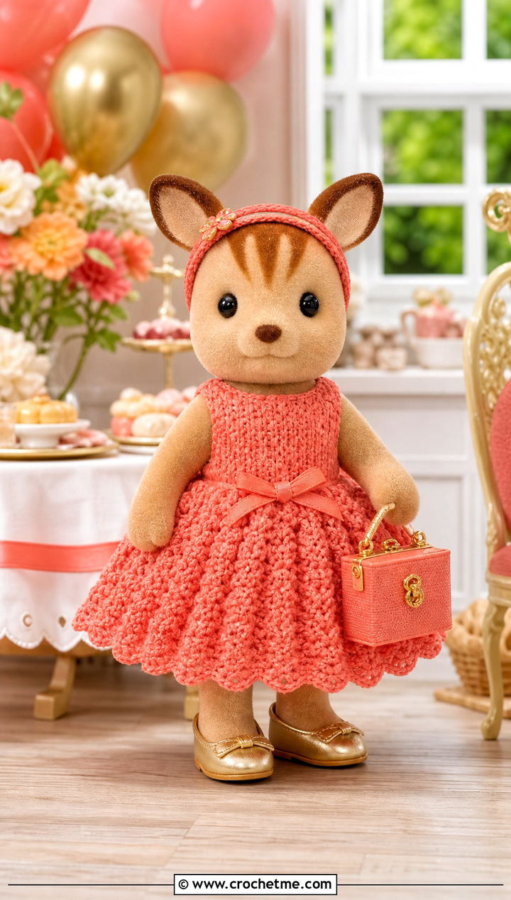 Calico Critters Crochet Party Dress With Metallic Flats - 25 Calico Critters Crochet Clothes and outfit ideas