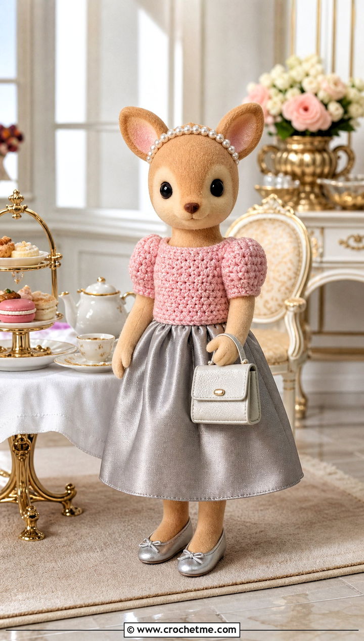 Calico Critters Puff Sleeve Crochet Sweater With Satin Skirt - 25 Calico Critters Crochet Clothes and outfit ideas