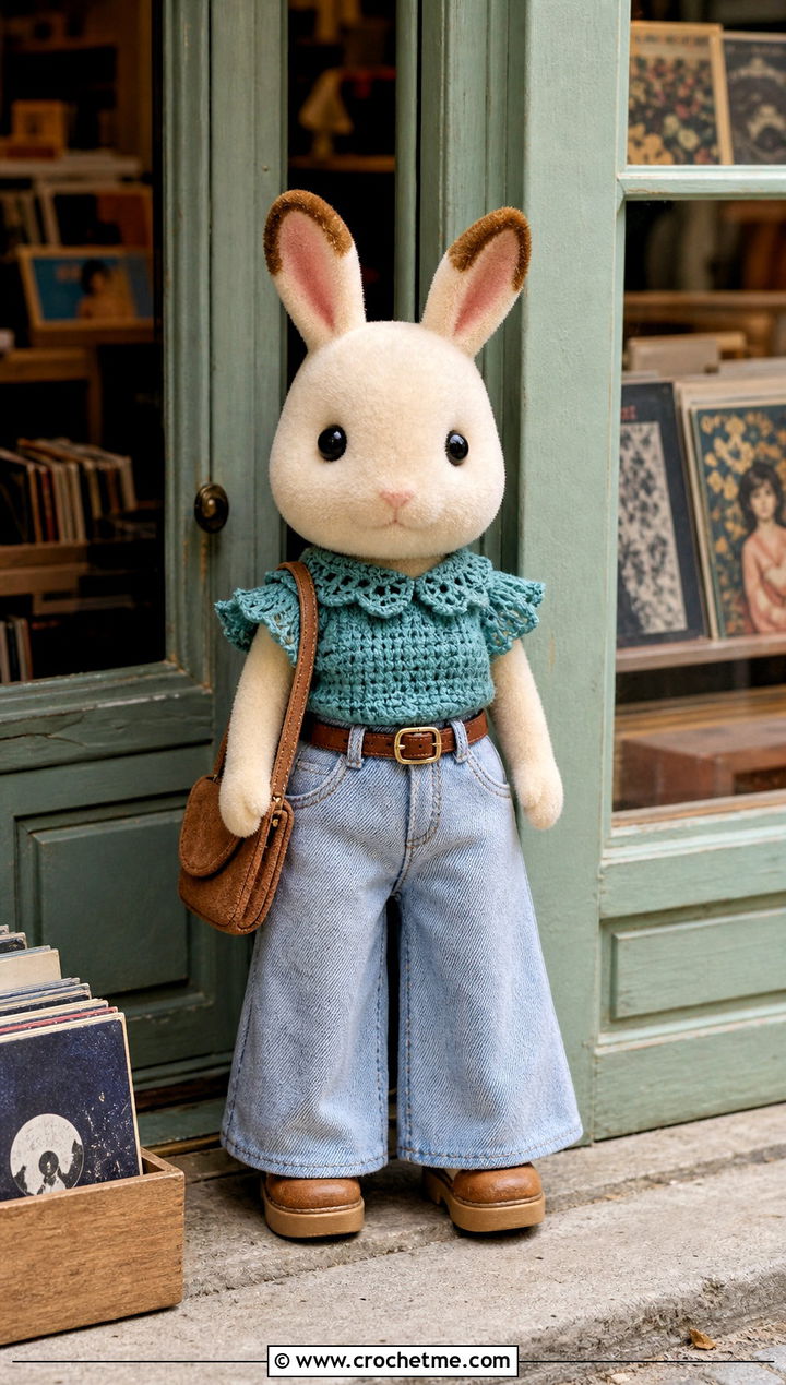Calico Critters Ruffle Crochet Blouse With Wide Leg Jeans - 25 Calico Critters Crochet Clothes and outfit ideas