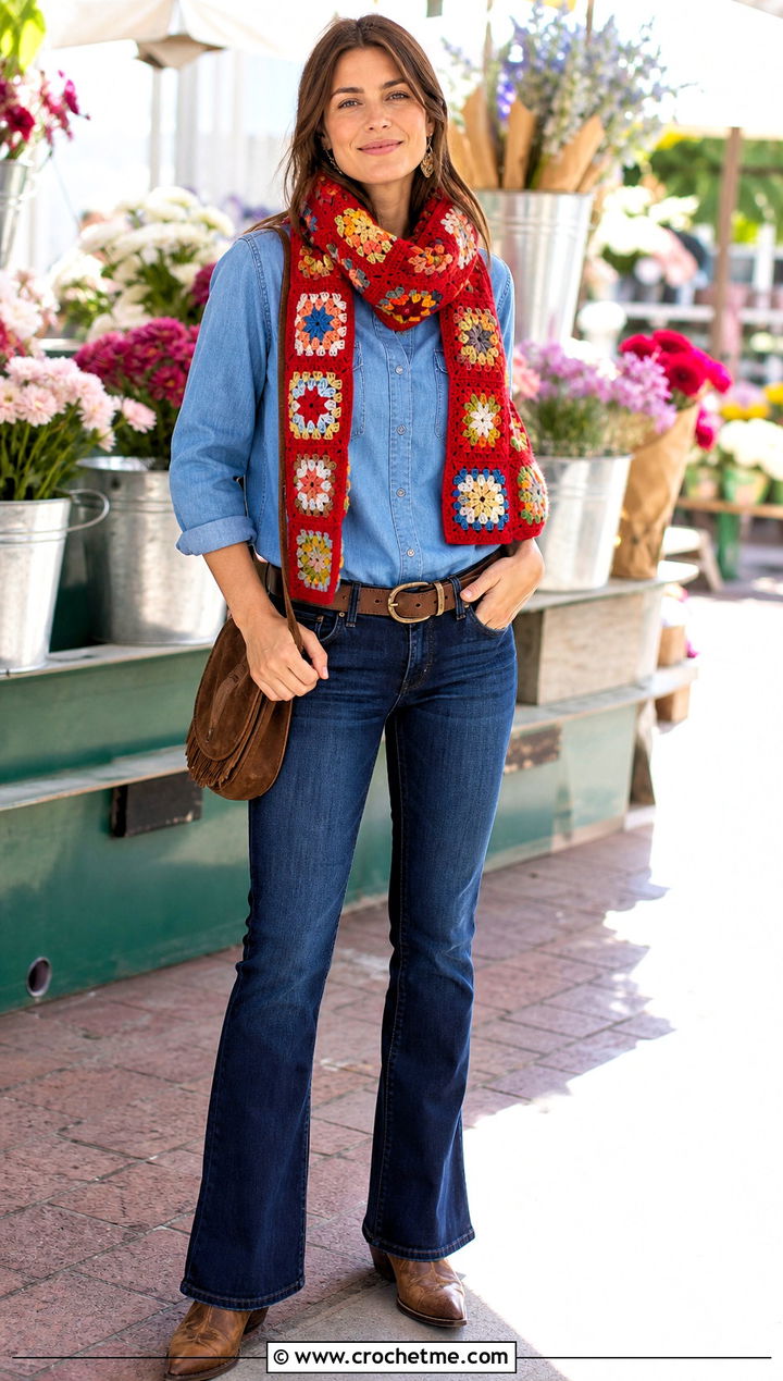 Calico Flower Scarf With Western Denim - 30 crochet scarf with flowers outfit ideas
