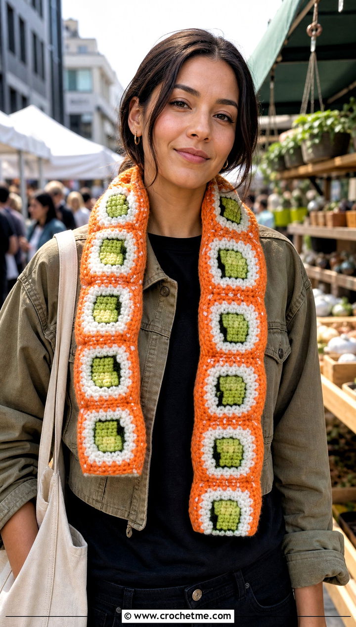 California Roll Crochet Sushi Scarf With Wide Leg Jeans - 30 crochet sushi scarf outfit ideas