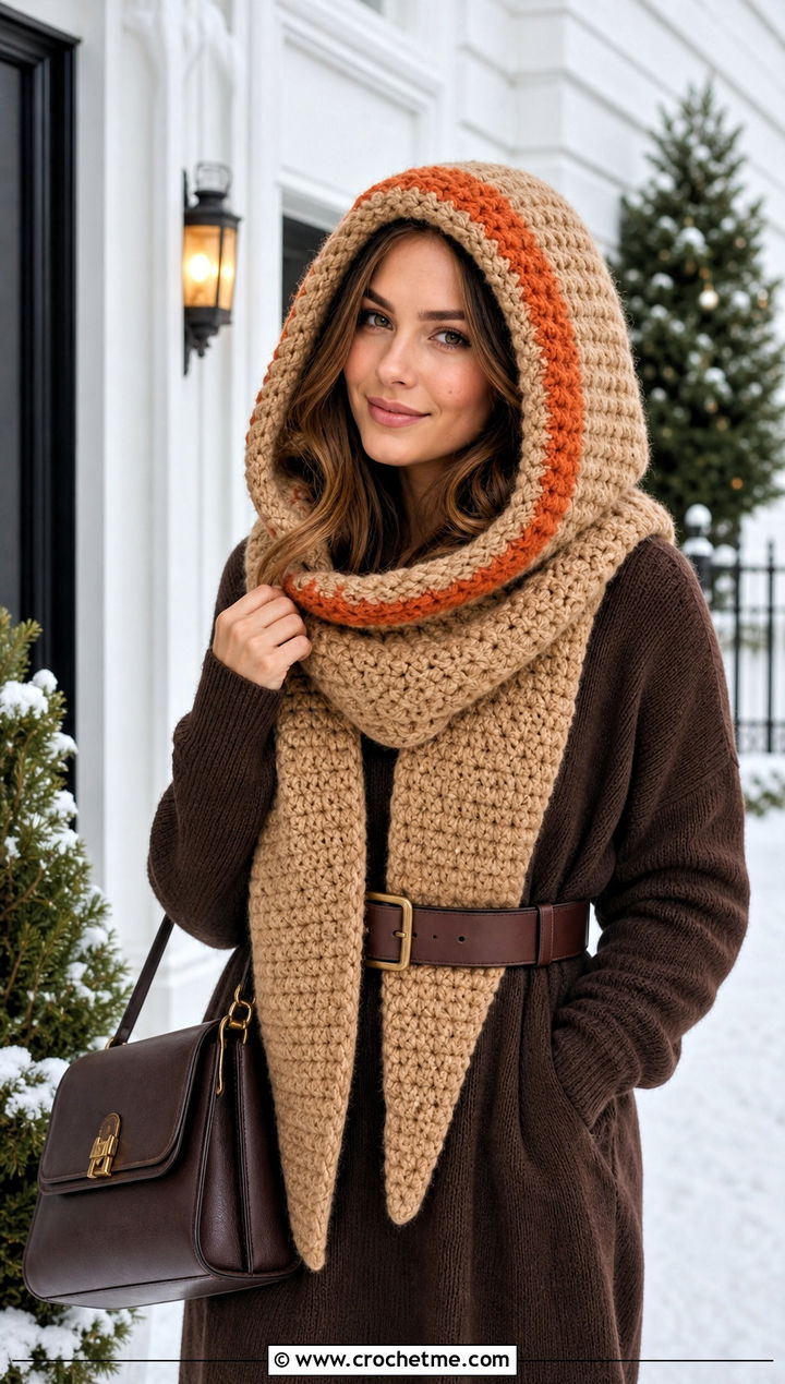 Camel Hooded Crochet Scarf With Sweater Dress - 15 neutral tone crochet scarf outfit ideas