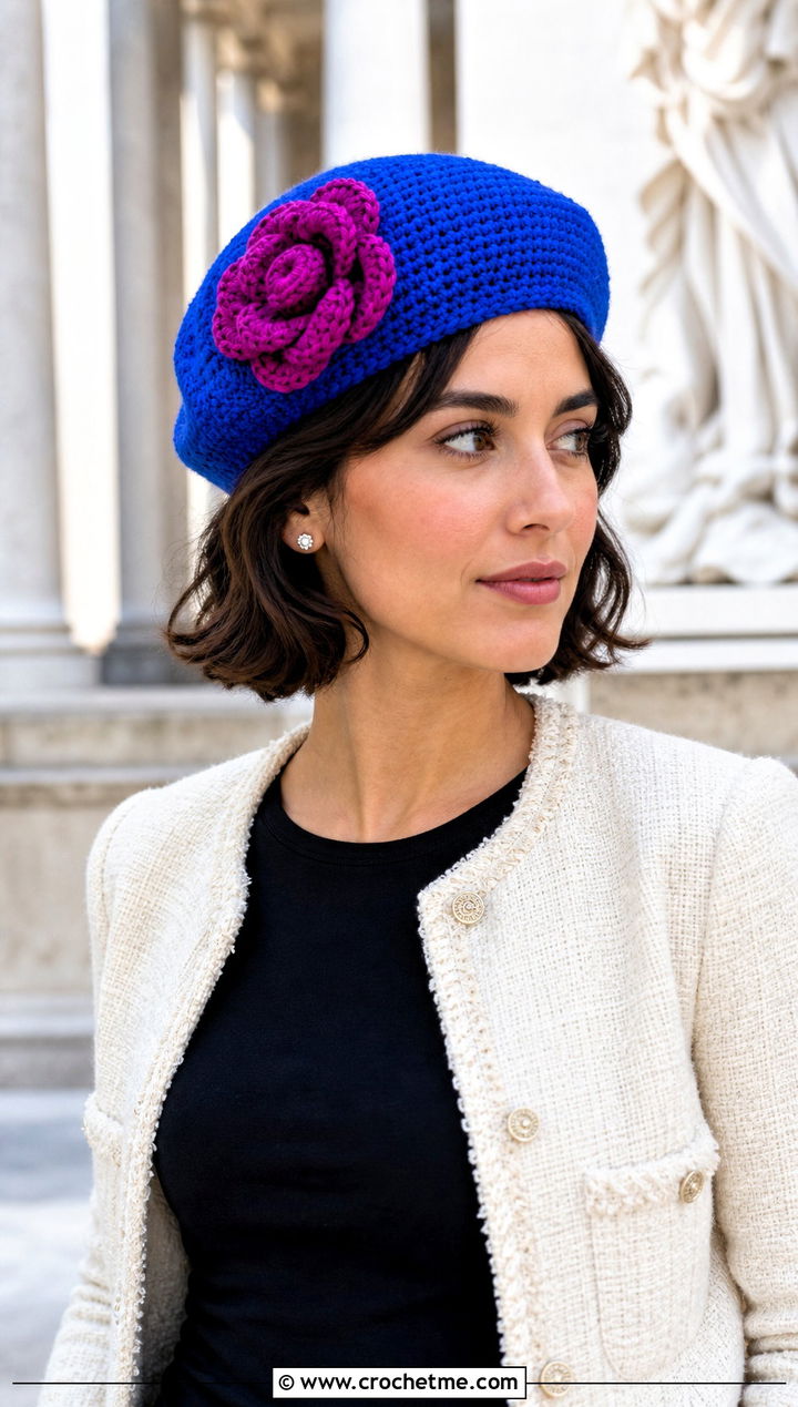 Camellia Crochet Beret With Tweed Jacket - 30 crochet flower hat outfit ideas