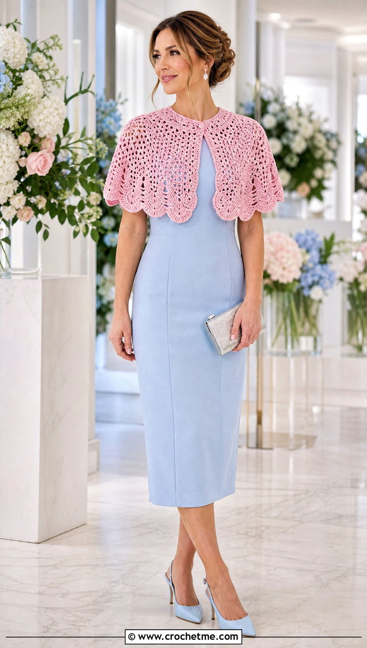 Camellia Pink Crochet Capelet With Column Dress - 35 pink crochet outfit ideas