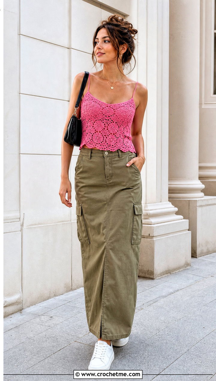 Camisole Crochet Lace Tank Top With Cargo Maxi Skirt - 30 crochet lace tank top outfit ideas