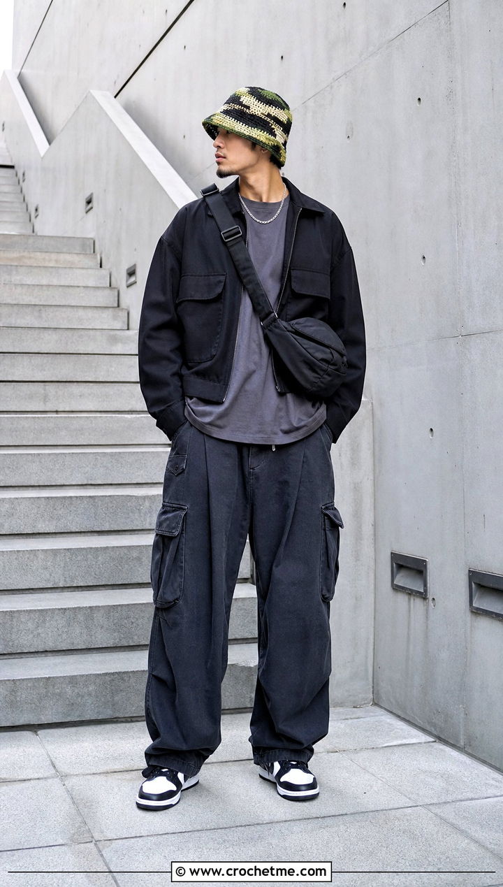 Camouflage Crochet Bucket Hat With Modern Streetwear - 35 men crochet bucket hat outfit ideas