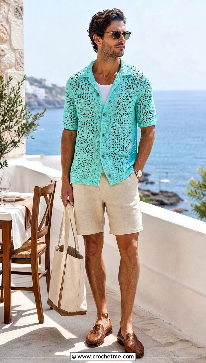 Camp Collar Crochet Cardigan With Linen Shorts - 30 mens crochet cardigan sweater outfit ideas