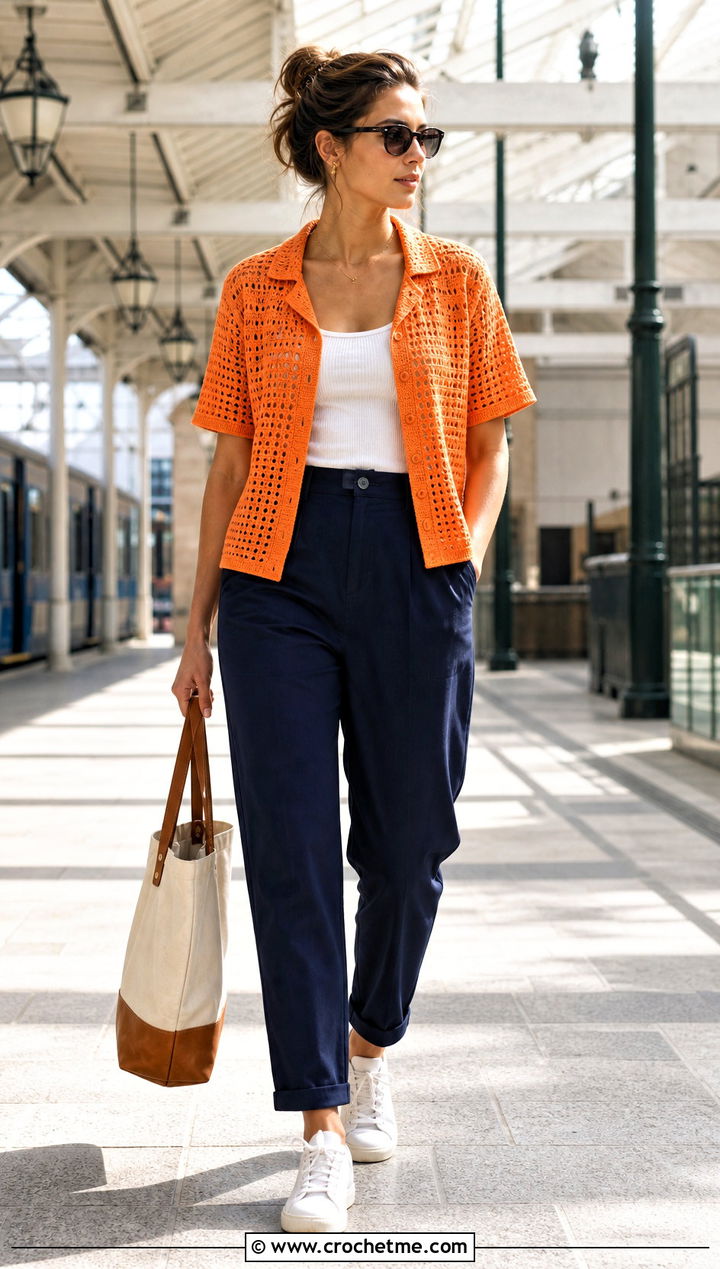 Camp Collar Crochet Cropped Shirt With Chino Pants - 30 crochet cropped shirt outfit ideas