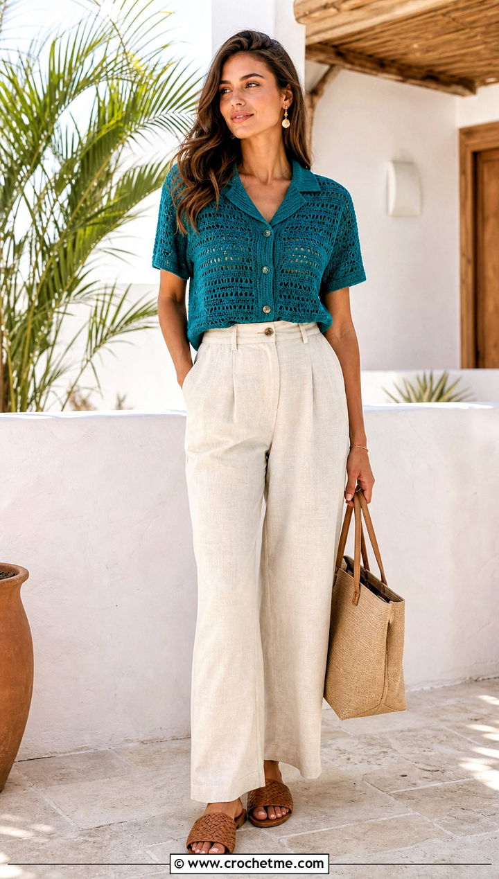 Camp Collar Crochet Shirt With Linen Trousers - 30 easy crochet shirt outfit ideas