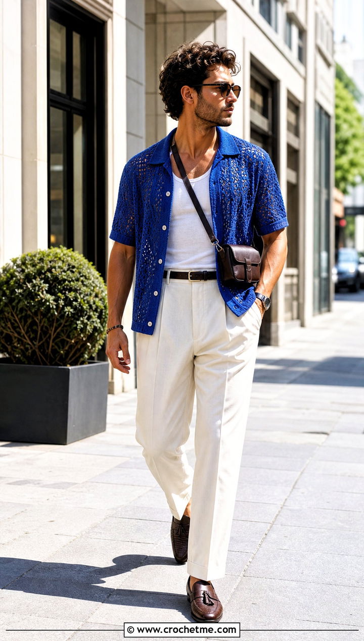 Camp Collar Crochet Shirt With Pleated Trousers - 25 crochet clothes men ideas