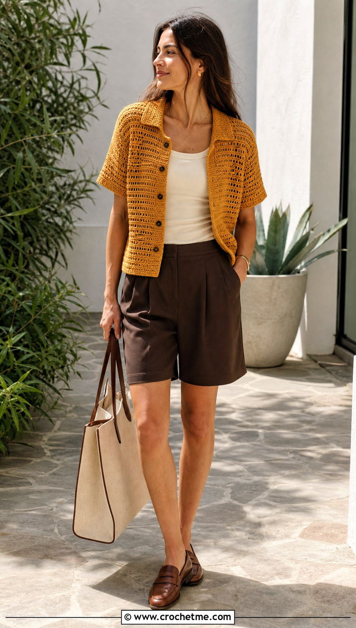 Camp Collar Crochet Sweater With Tailored Shorts - 35 crochet sweater with collar outfit ideas