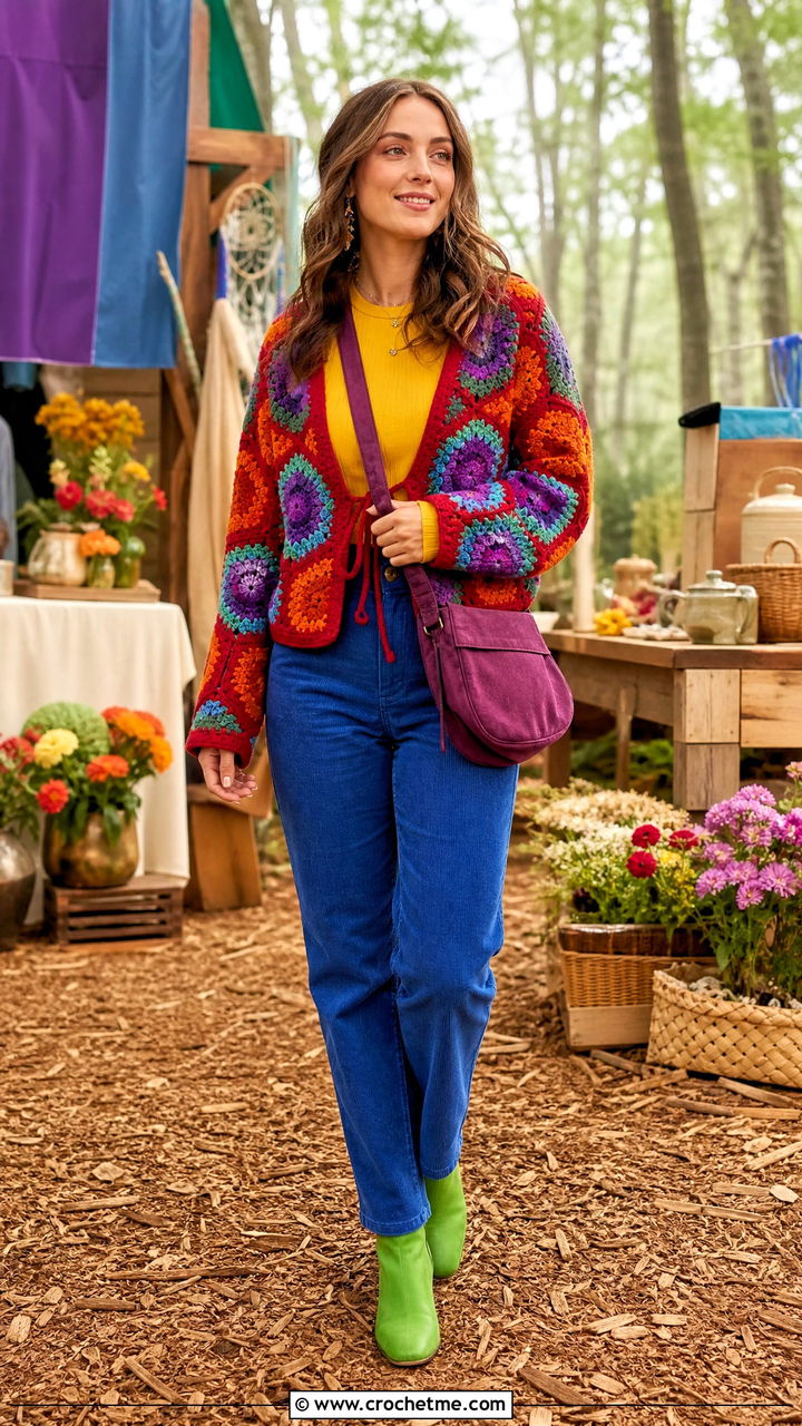 Campfire Hexagon Cardigan With Corduroy Pants - 35 crochet hexagon cardigan outfit ideas