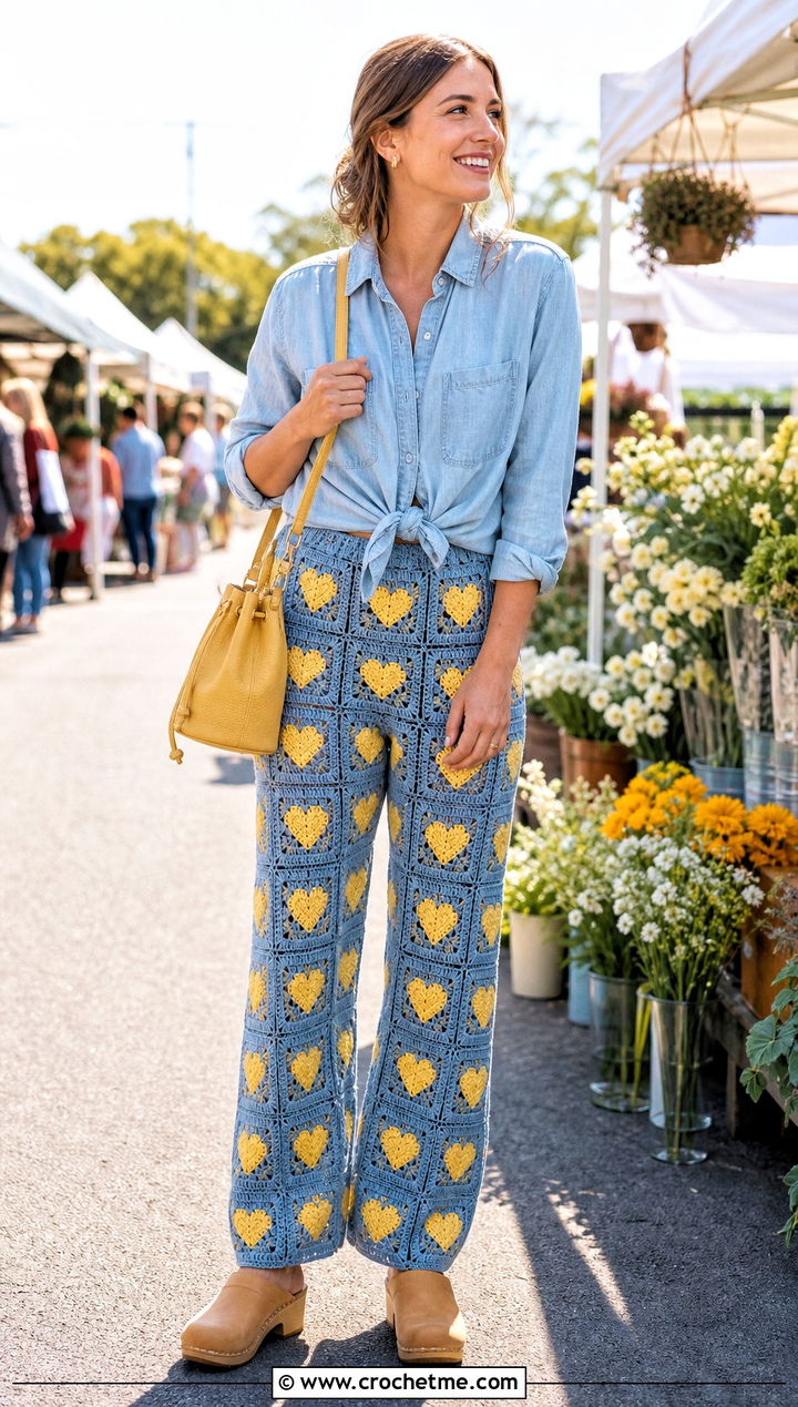 Canary Heart Granny Square Pants With Chambray Shirt - 30 heart granny square pants outfit ideas