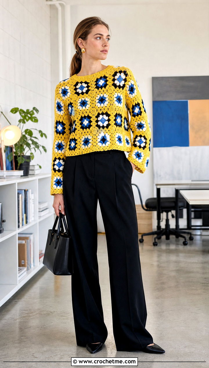 Canary Yellow Granny Square Sweater With Black Trousers - 30 Crochet Yellow Sweater outfit ideas