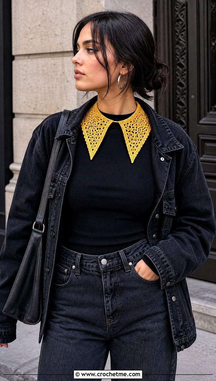 Canary Yellow Pointed Dagger Crochet Collar With Denim Outfit - 15 wednesday addams crochet collar outfit ideas