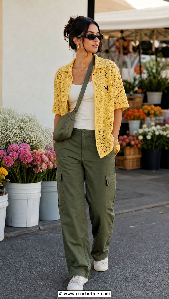 Canary Yellow Short Sleeve Stussy Crochet Shirt With Cargo Pants - 15 stussy crochet shirt outfit ideas