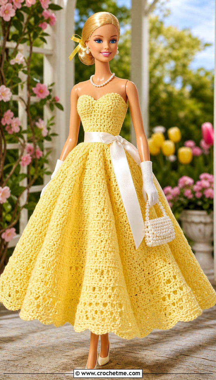 Canary Yellow Sweetheart Crochet Barbie Ball Gown - 30 crochet barbie ball gowns outfit ideas