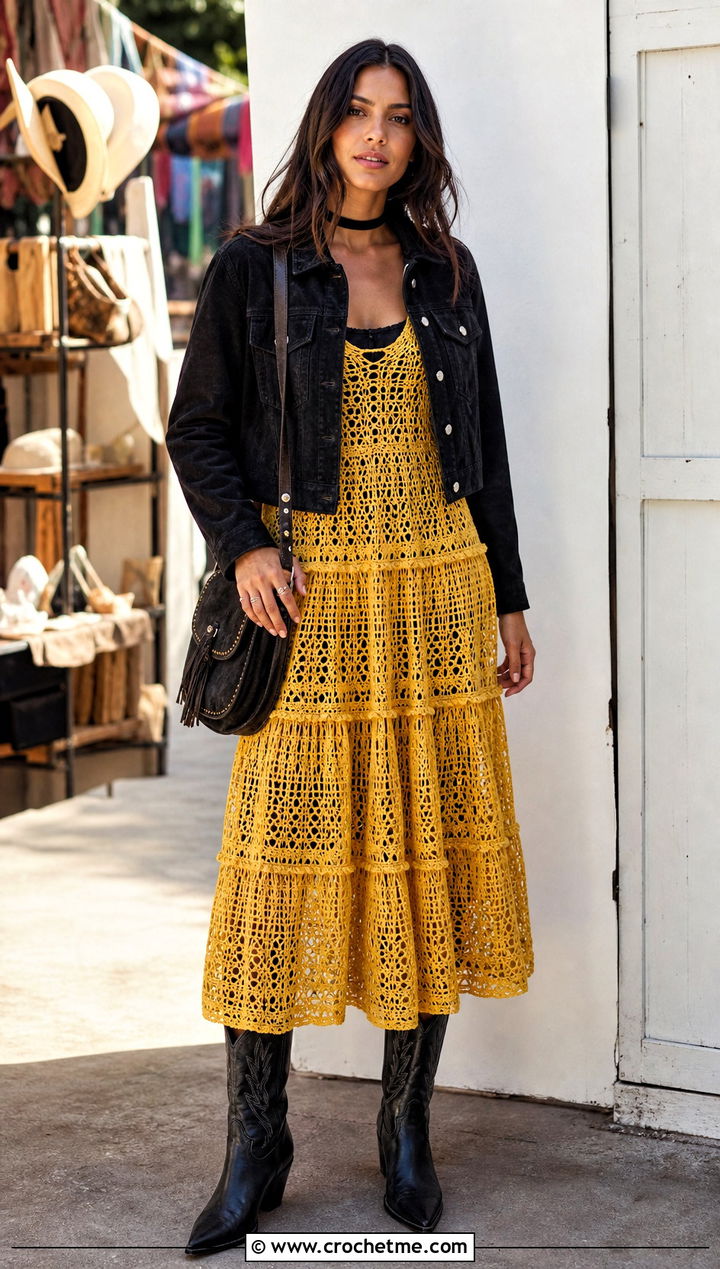 Canary Yellow Tiered Crochet Dress With Western Boots - 15 goth crochet dress outfit ideas