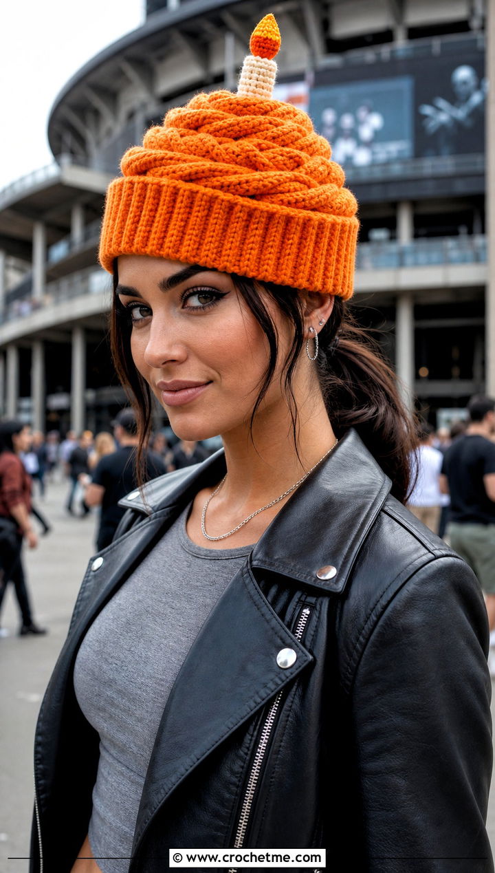 Candle Top Cupcake Crochet Hat With Leather Jacket - 25 cupcake crochet hat outfit ideas