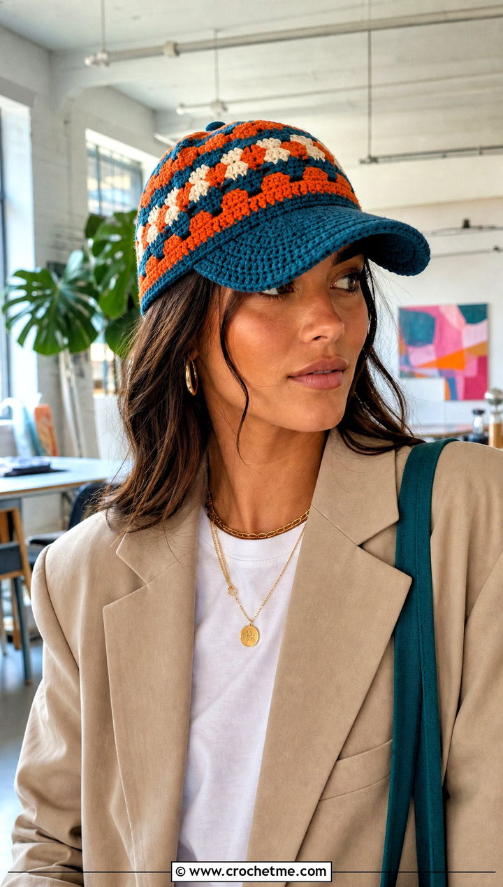 Candy Corn Crochet Baseball Cap With Office Casual Outfit - 30 candy corn crochet hat outfit ideas