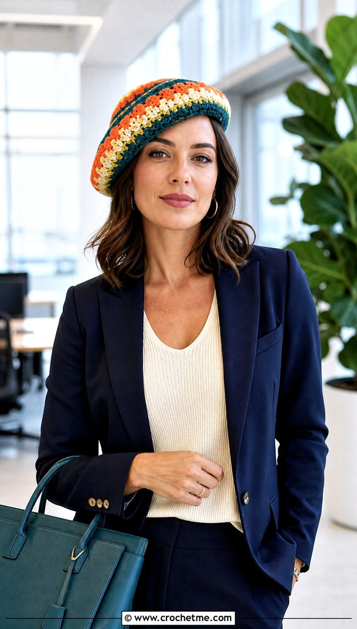 Candy Corn Crochet Beret With Blazer And Trousers - 30 candy corn crochet hat outfit ideas