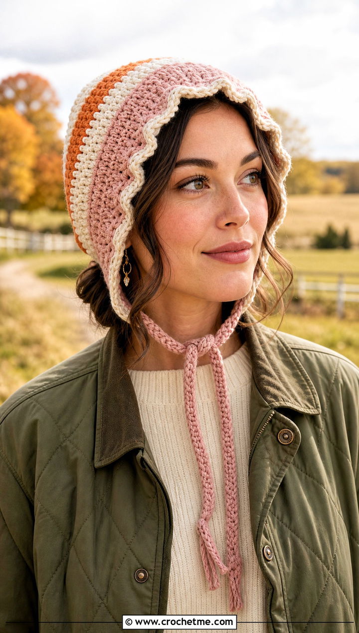 Candy Corn Crochet Bonnet Hat With Quilted Jacket - 30 candy corn crochet hat outfit ideas