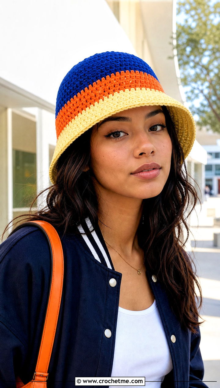 Candy Corn Crochet Bucket Hat With Varsity Jacket - 30 candy corn crochet hat outfit ideas