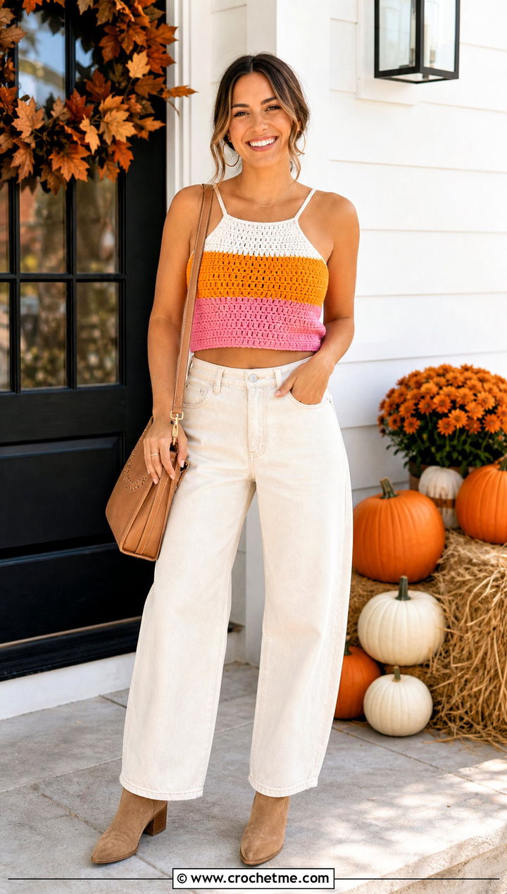 Candy Corn Crochet Crop Top With White Denim - 20 halloween crochet crop top outfit ideas