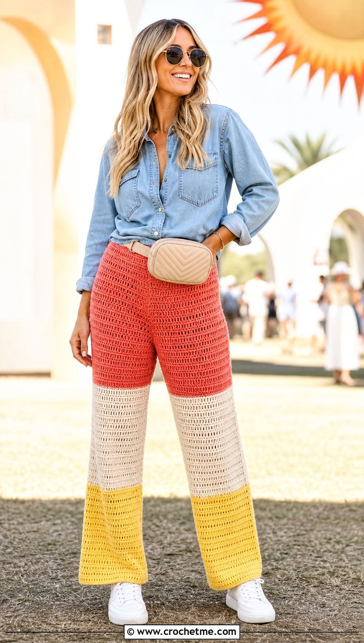 Candy Corn Crochet Pants With Denim Shirt - 20 Crochet Halloween Clothing and outfit ideas
