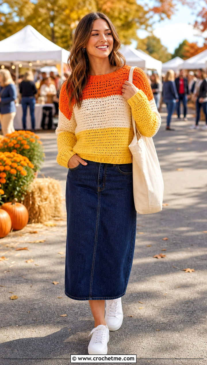Candy Corn Crochet Sweater Outfit - 25 Crochet Halloween Clothes and outfit ideas