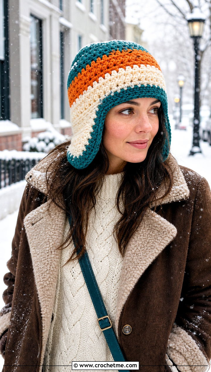 Candy Corn Crochet Trapper Hat With Shearling Coat - 30 candy corn crochet hat outfit ideas