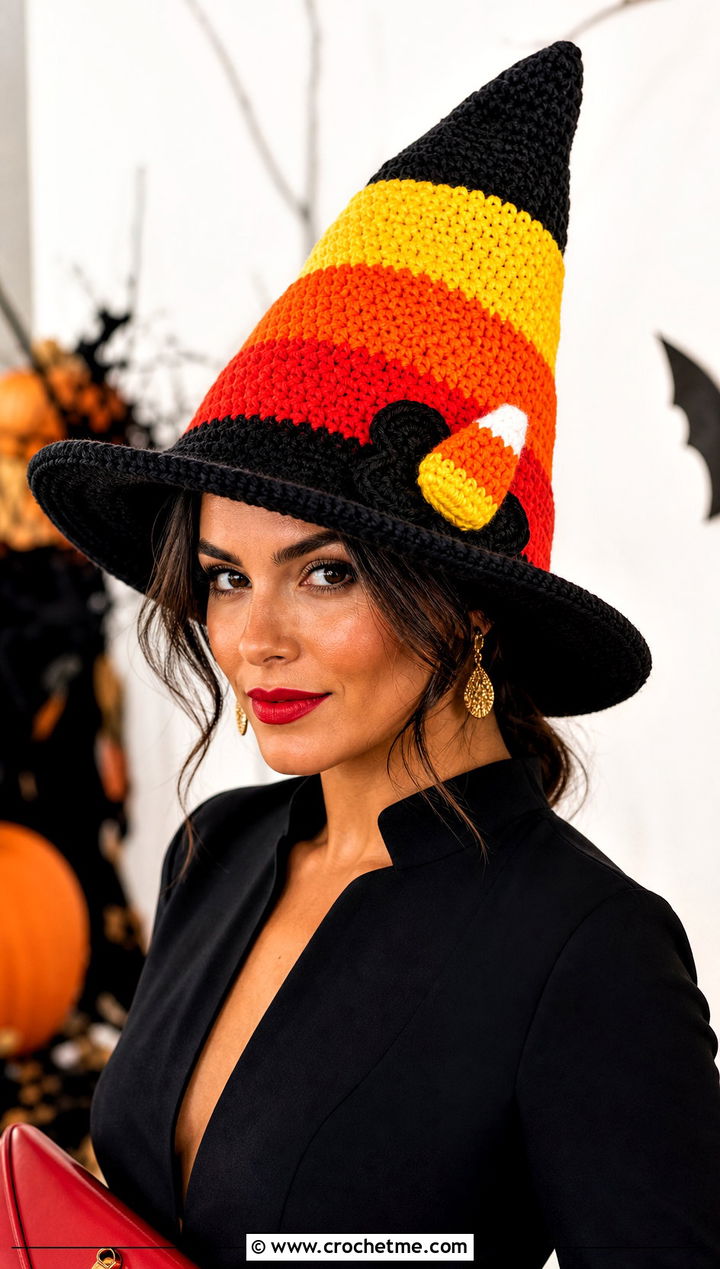 Candy Corn Crochet Witch Hat With Black Jumpsuit - 30 candy corn crochet hat outfit ideas